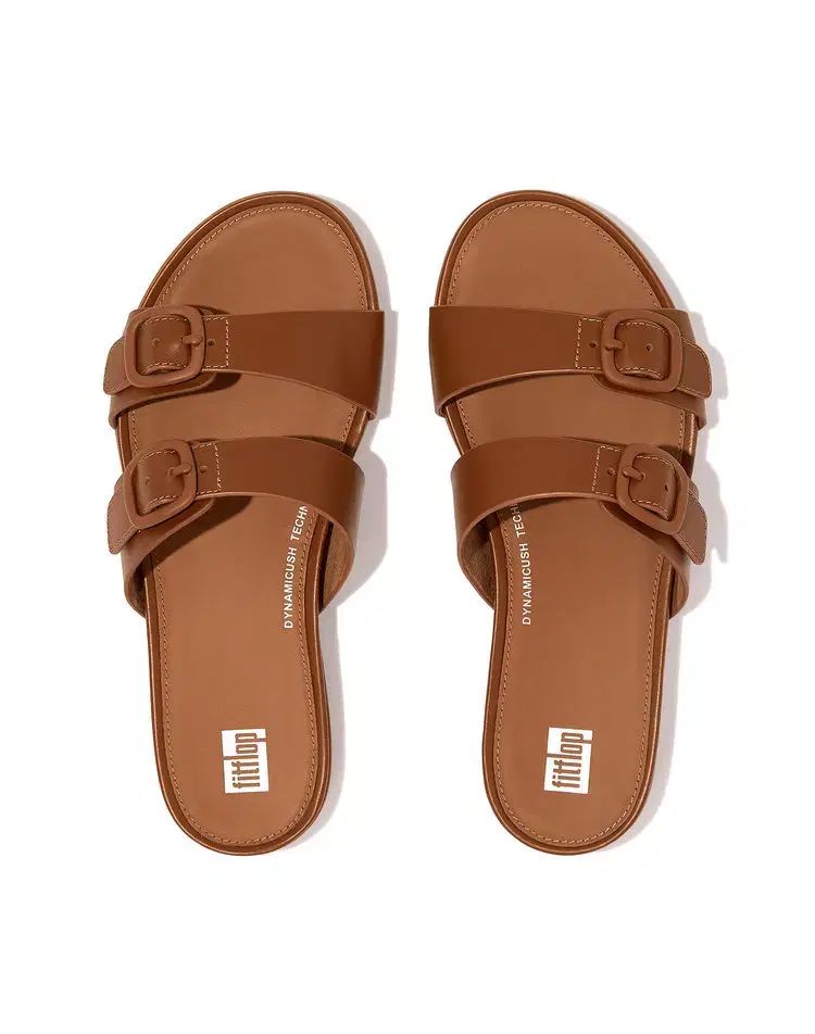 fitflop ブラウン スライドサンダル F-MODE レザーツイスト フラットフォーム スライド｜fitflo