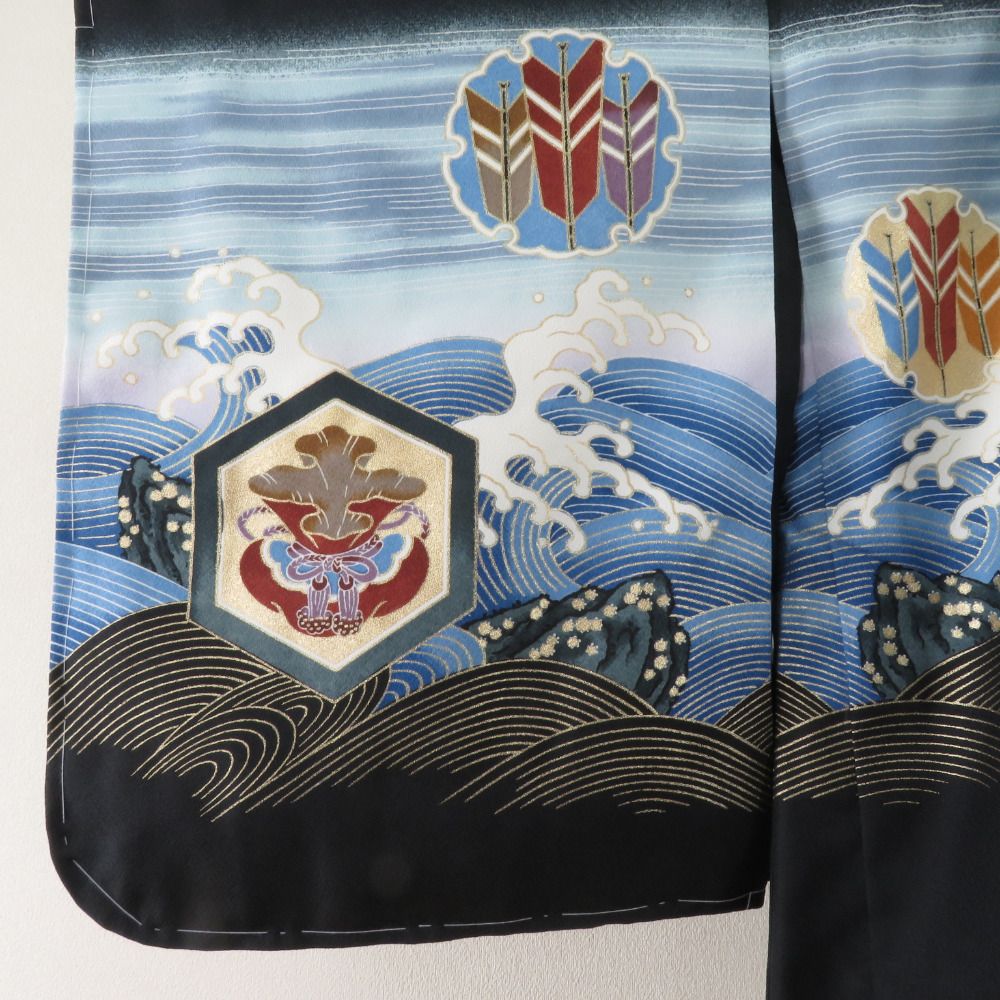 子供着物 男の子用 四つ身 襦袢 羽織セット 黒色 鷹文様 ポリエステル