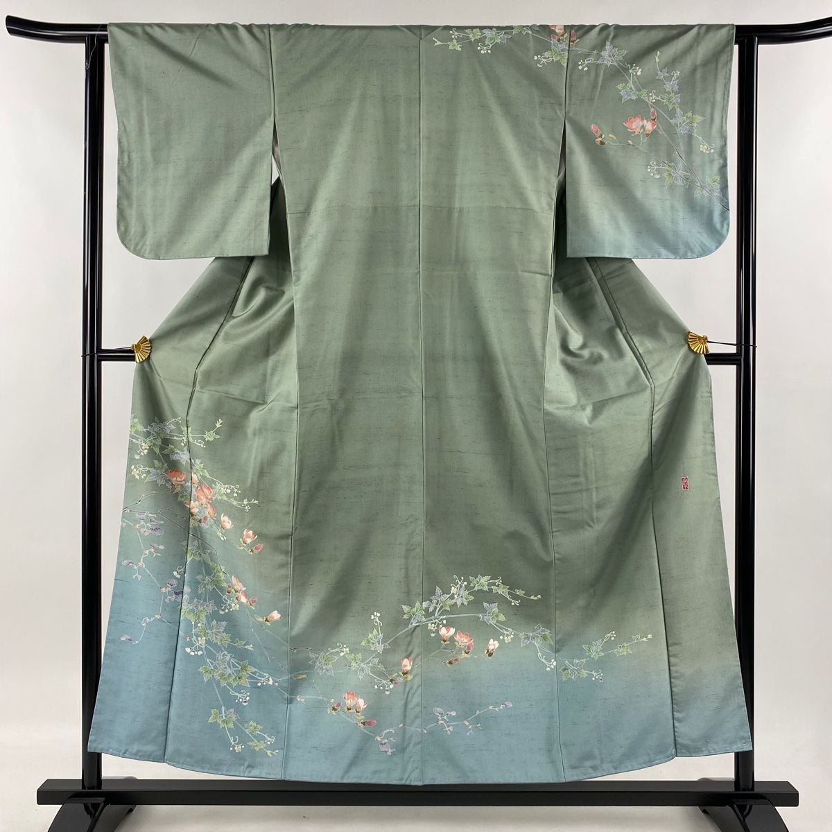 訪問着 身丈154.5cm 裄丈62cm S 袷 紬地 落款 枝花 染め分け よもぎ色 正絹 名品