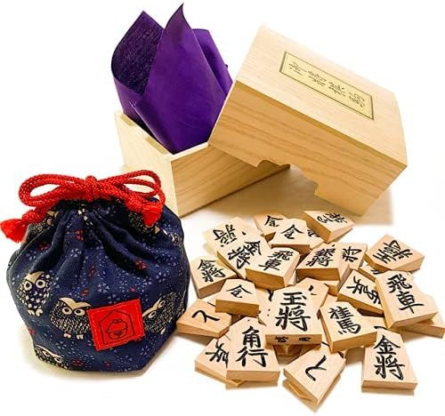 天童将棋駒 晴月作 斧折（オノオレ）上彫将棋駒と鈴花堂オリジナル駒袋 (フクロウ柄)
