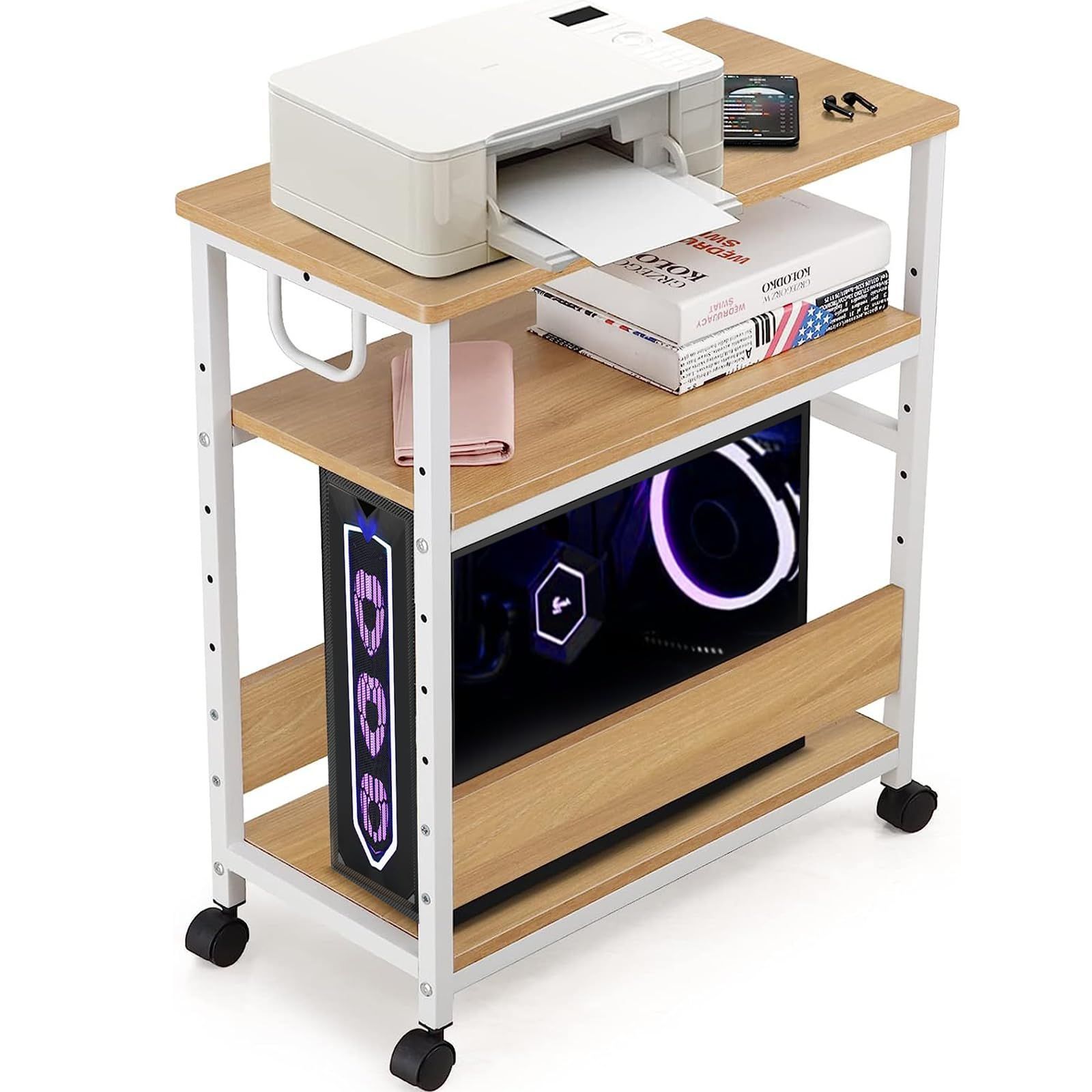 新着商品 棚板高さ調節 ストッパー付き デスクサイド収納棚 袖机 移動便利 プリンター台 パソコンラック 木製 pcラック キャスター付き 幅300*奥行600*高さ700mm サイドワゴン CPUワゴン PCワゴン MASTLUパソコンワゴン