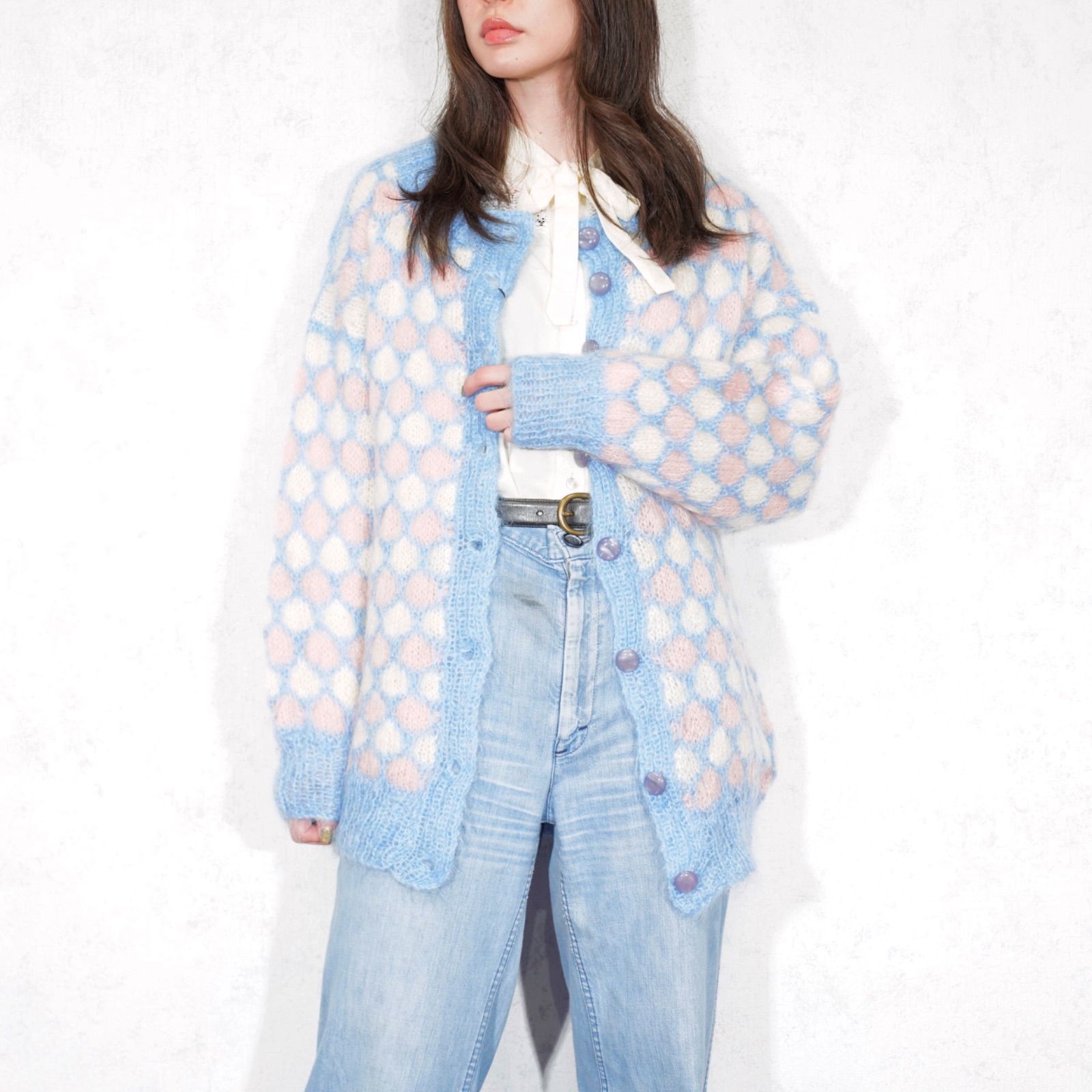 レディース EU VINTAGE PATTERNED DESIGN MOHAIR KNIT CARDIGAN 