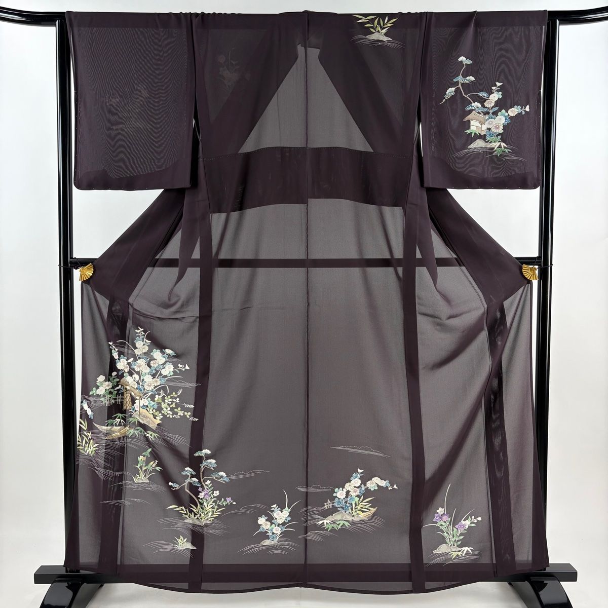 訪問着 身丈161cm 裄丈64.5cm M 薄物 舟 菊 金彩 茶紫 正絹 秀品