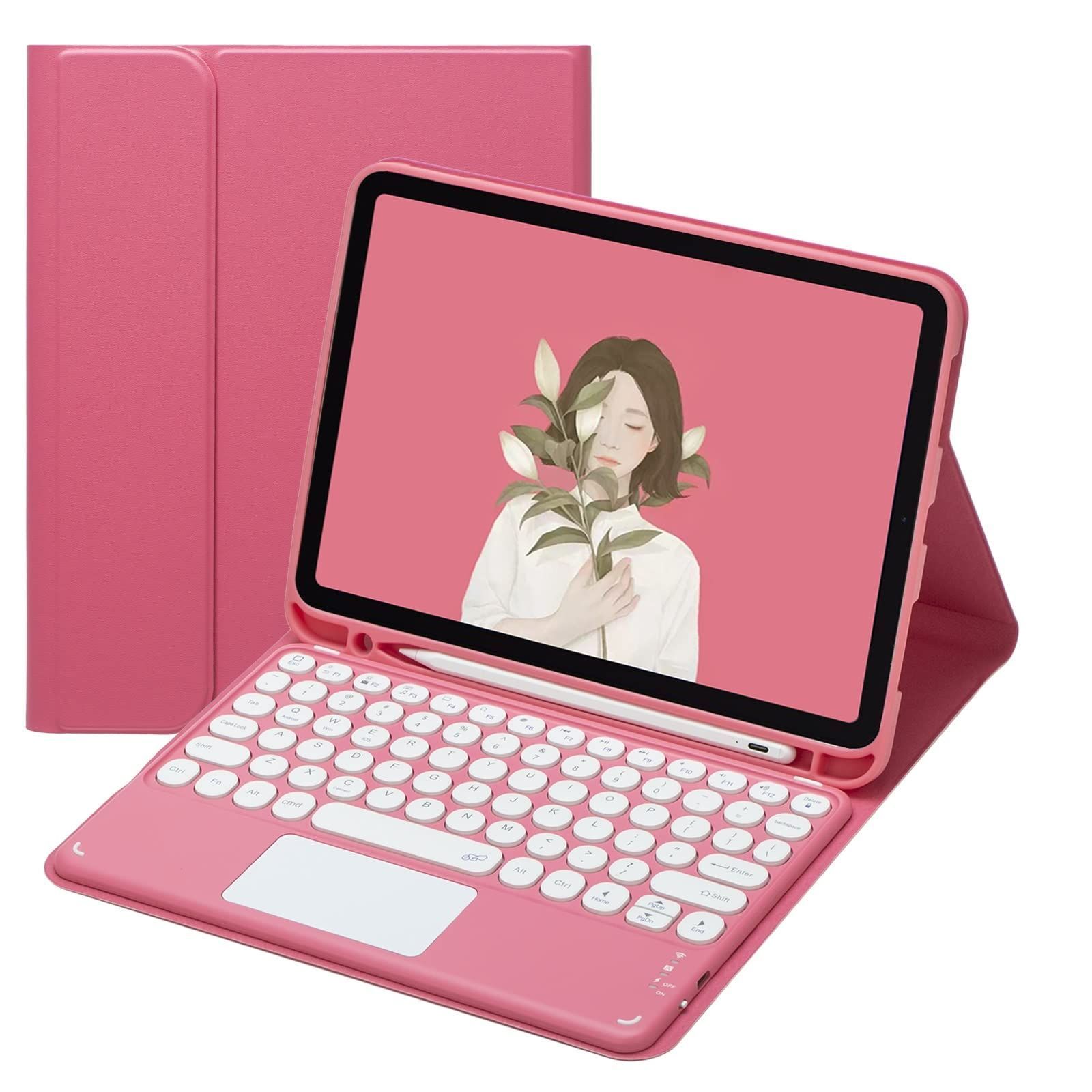 Size:iPad 第10世代 2022年型_Color:濃いピンク iPad 第10世代 キーボード ケース タッチパッド付き 丸型キー 可愛い iPad 10 2022 10.9インチ Bluetooth カラーキーボード トラックパッド付き キーボードカ