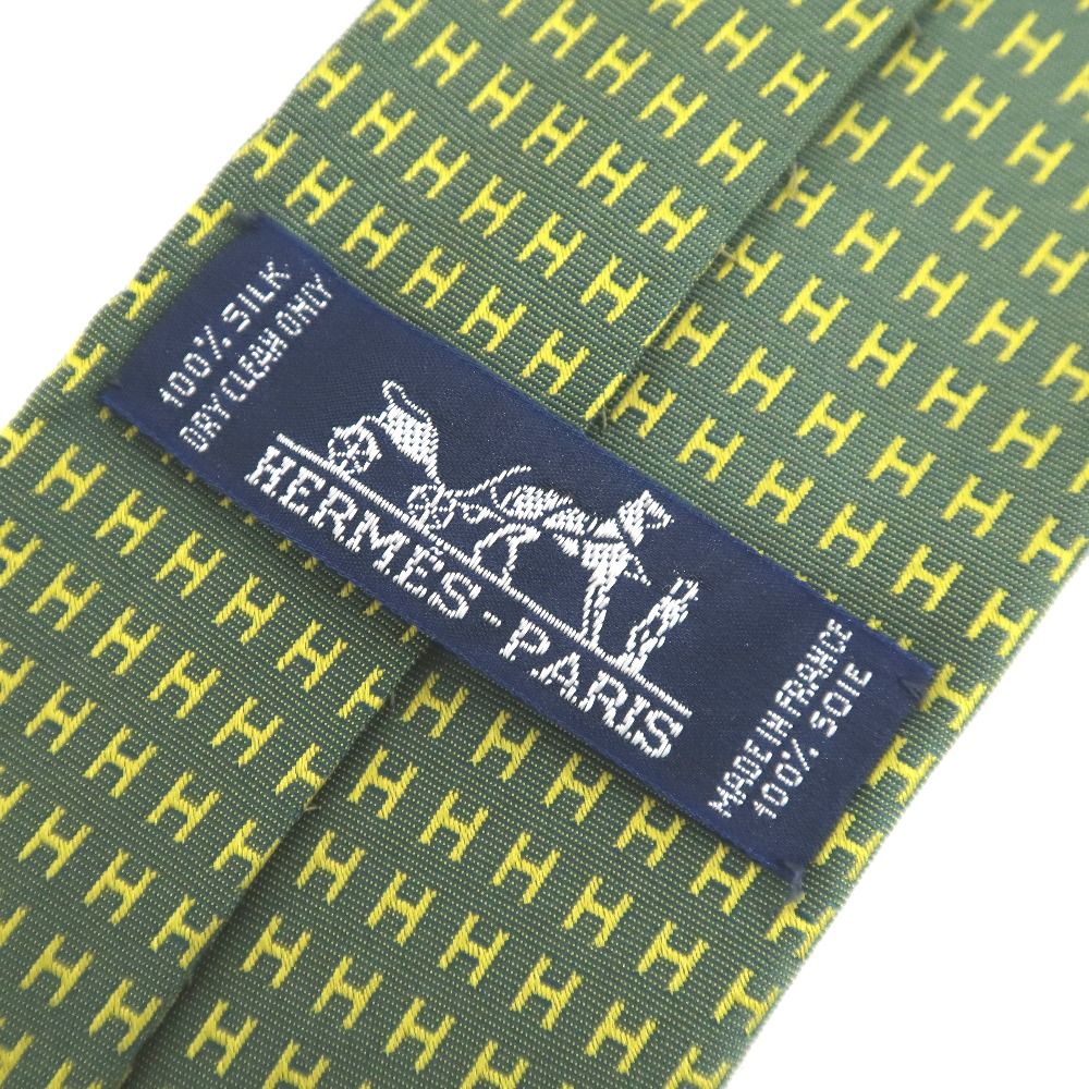 IT330013 エルメス ネクタイ ファソネH H織り H総柄 グリーン×イエロー