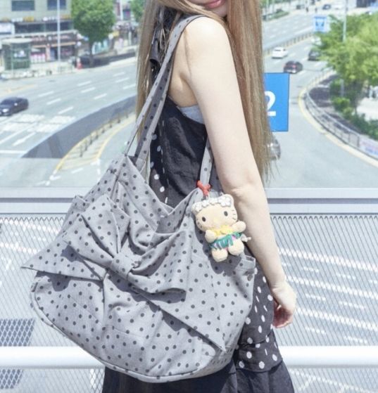 ★PINCUNOMARU★Ribbon bag (Dot-gray)★正規品/韓国送料込 韓国PINCUNOMARU 大人気 Ribbon bag ハンドバッグ トートバッグ