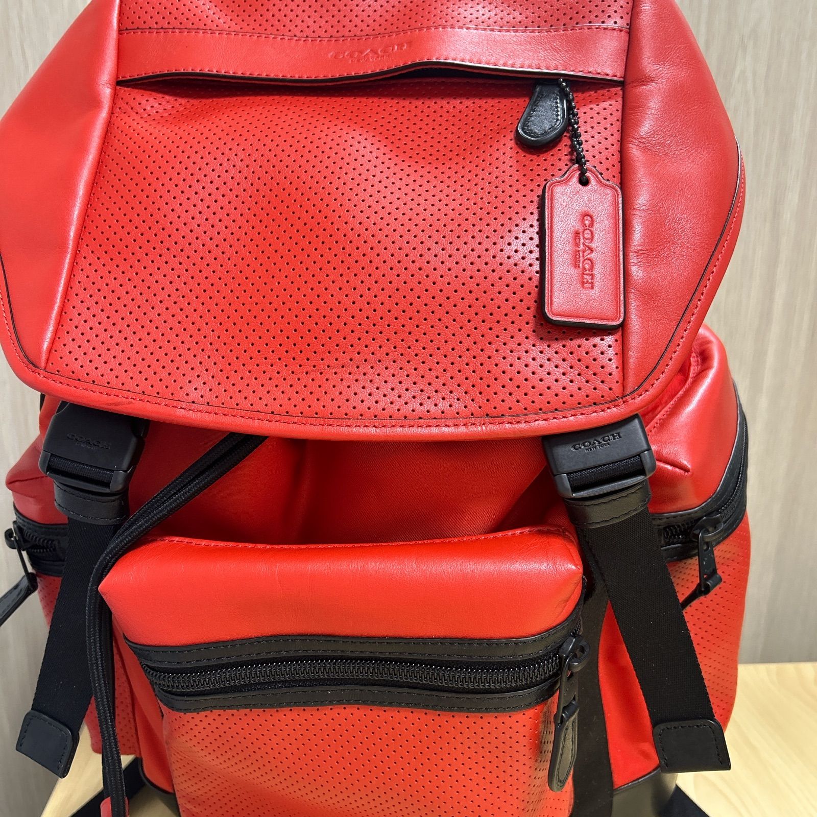 美品 COACH コーチ バックパック レザー × ナイロン オレンジ 橙色
