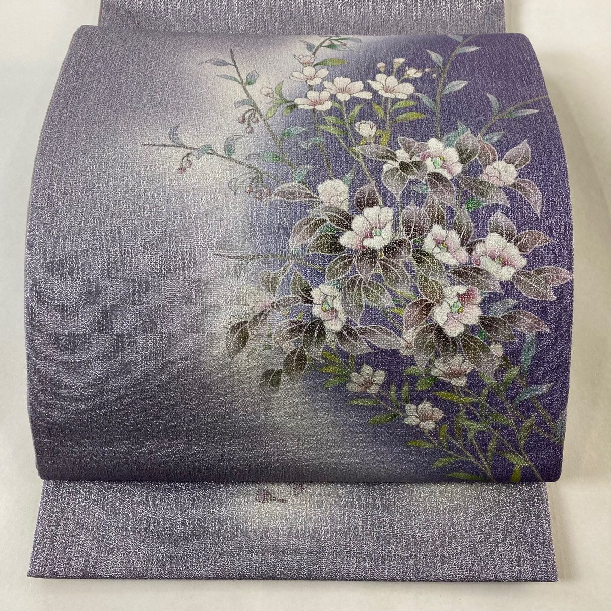 袋帯 美品 秀品 草花 銀糸 ぼかし 薄紫 お太鼓柄 正絹 【中古
