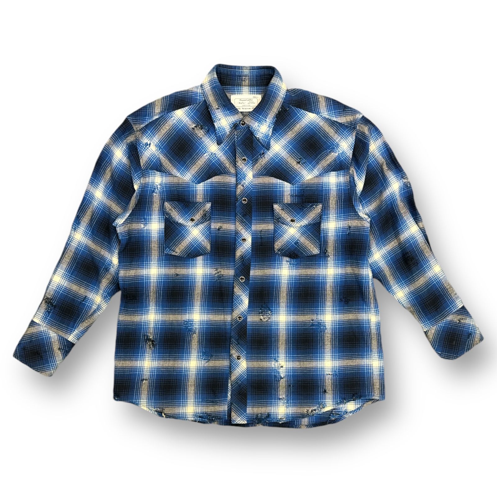 定価39600円 Rafu 23SS WESTERN SHIRT チェック 柄 ダメージ加工 レギュラーカラー ウエスタンシャツ ラフ ブルー系 S  Rafu002-23-01 75905A7 - メルカリ