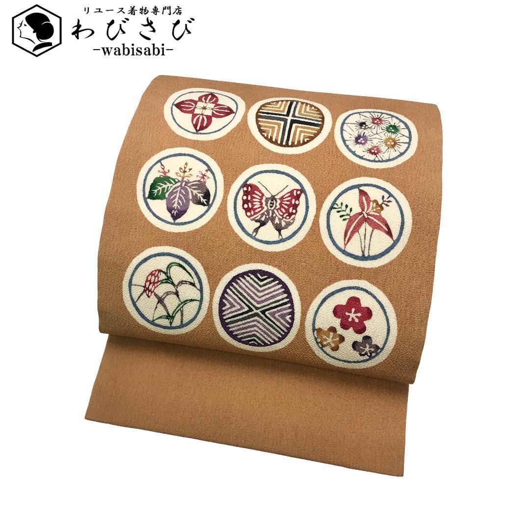 名古屋帯 型染 紅型 丸に花模様 縮緬 梅茶色 O-5467 名古屋帯 型染 紅型 丸に花模様 縮緬 梅茶色 O-5467 - メルカリ