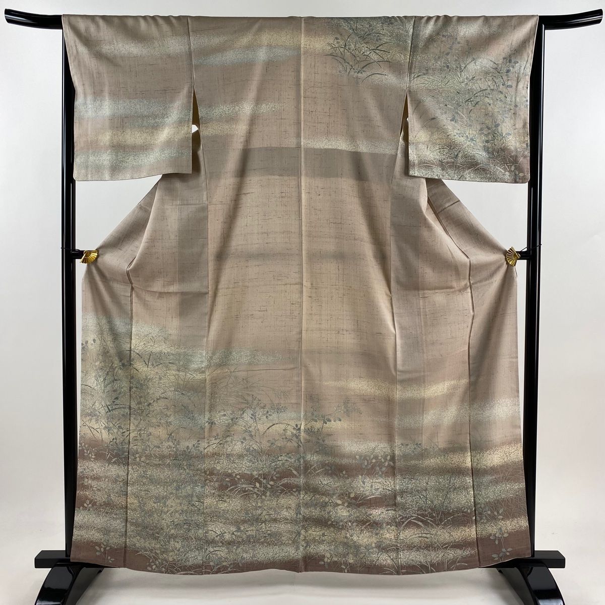 訪問着 身丈161cm 裄丈65cm M 袷 紬地 萩 霞 ピンクベージュ 正絹 秀品