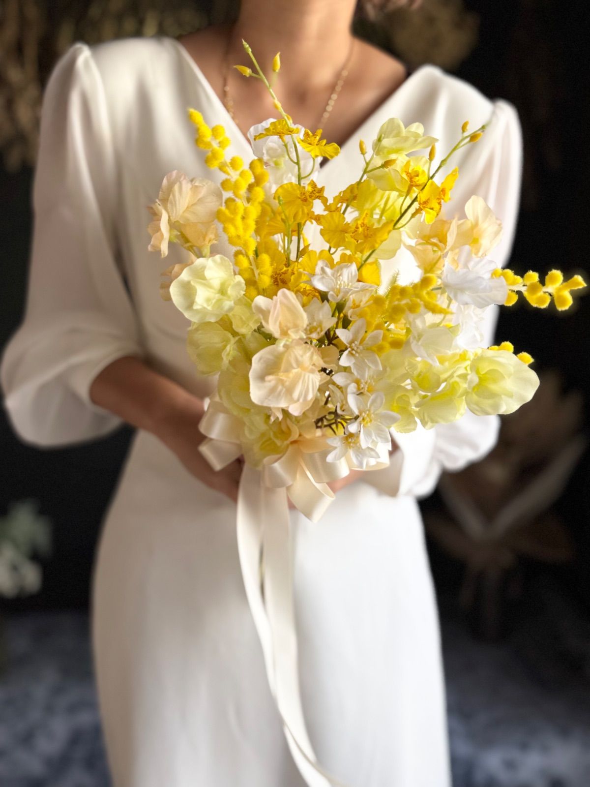 ミモザ×スイートピークラッチブーケ☆ブートニア