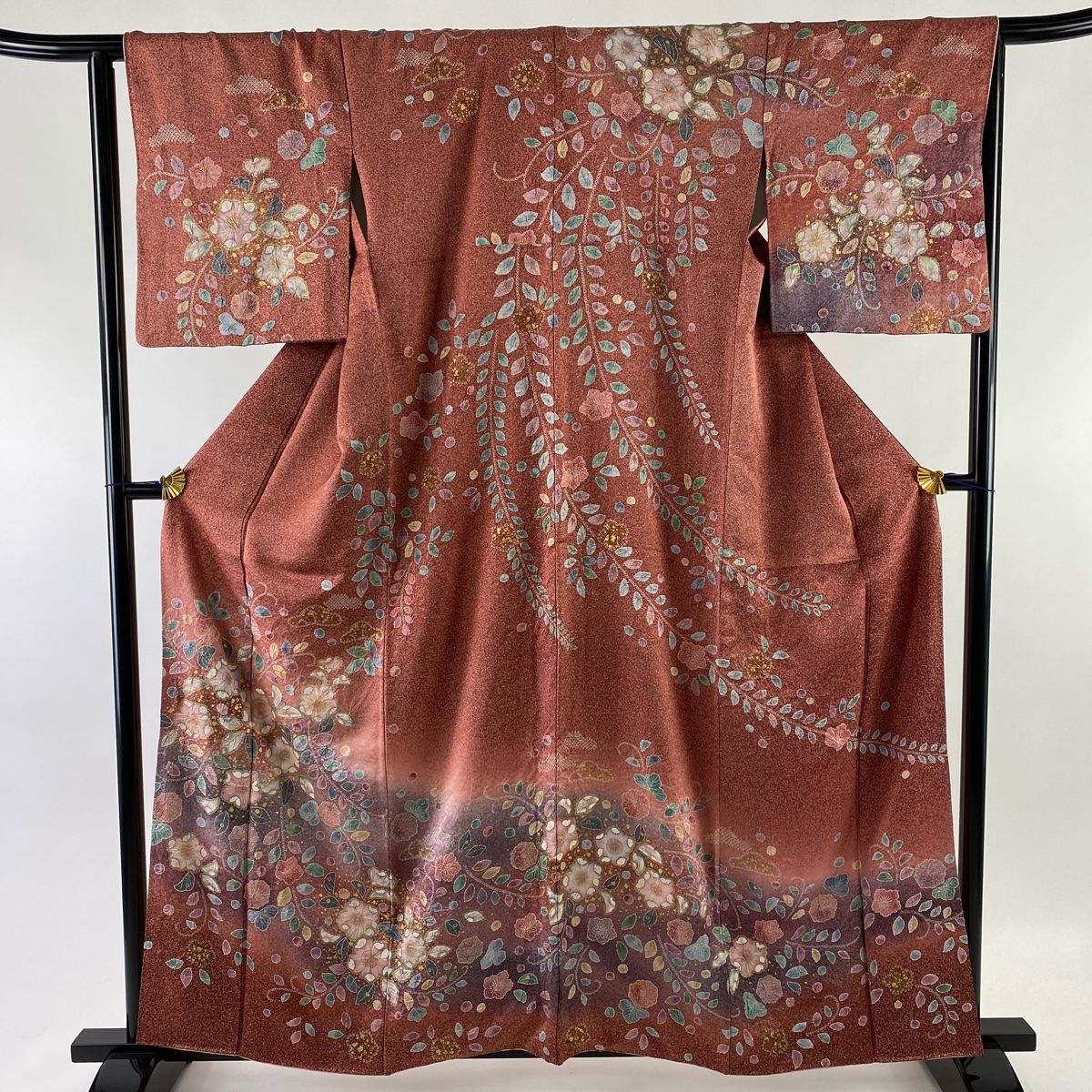 訪問着 美品 名品 辻が花 金彩 染め分け 茜色 袷 身丈160cm 裄丈64.5cm