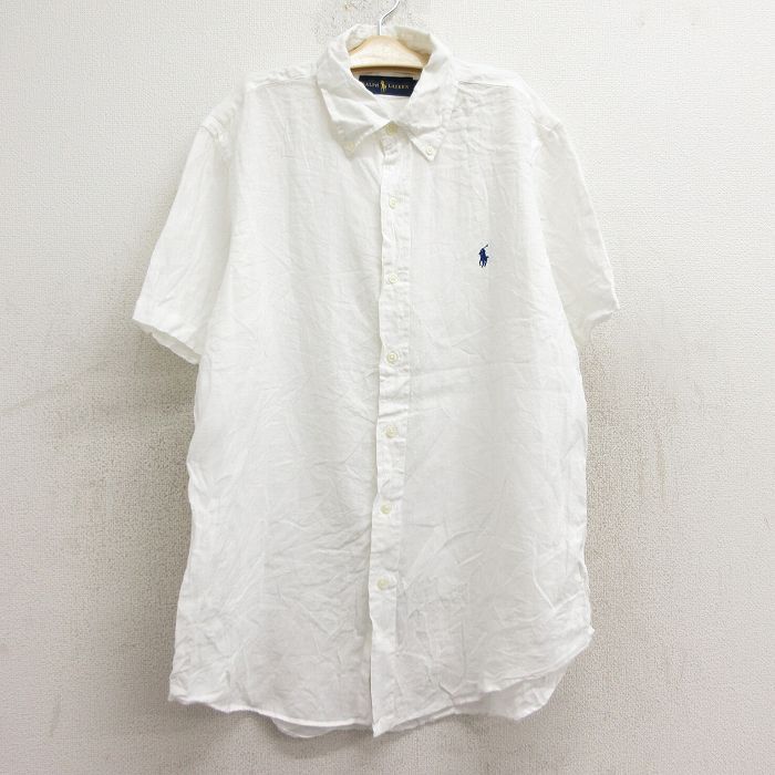 古着 ラルフローレン 半袖 ブランド シャツ キッズ ボーイズ 子供服 ワンポイントロゴ リネン ボタンダウン 白 ホワイト 24aug19