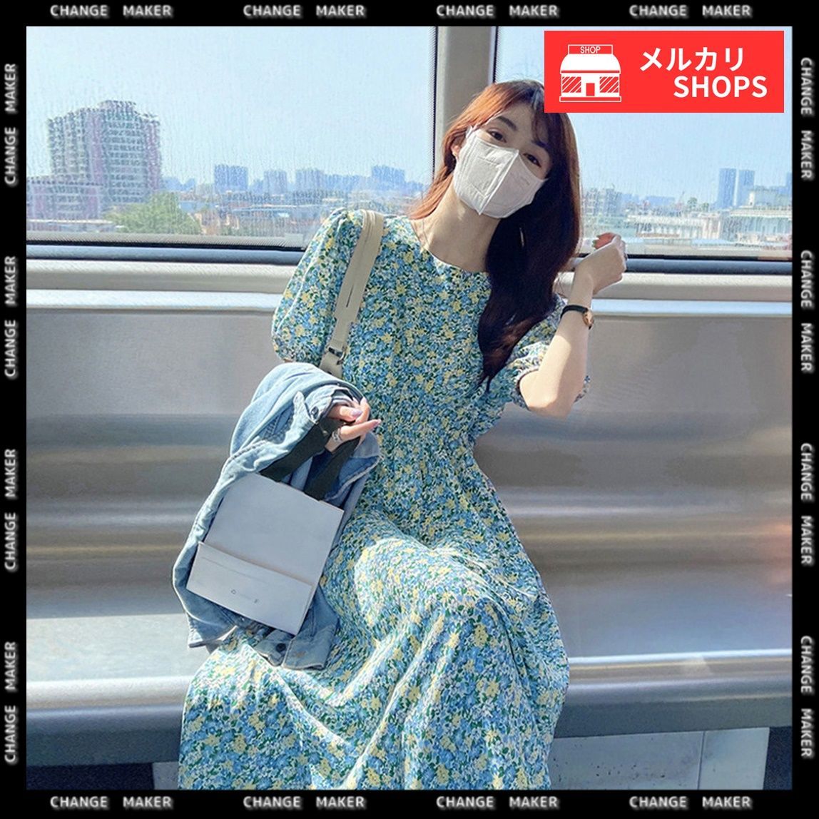 ロング花柄ワンピース✿パフスリーブ可愛い春夏のお出かけデートに最適 ロング花柄ワンピース✿パフスリーブ可愛い春夏のお出かけデート
