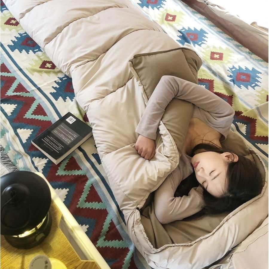 1本マミー型二人用寝袋 綿入れ生地 左右開閉 足が出せる アウトドアキャンプ 車中泊 自宅 親子用 限厳寒 シュラフ