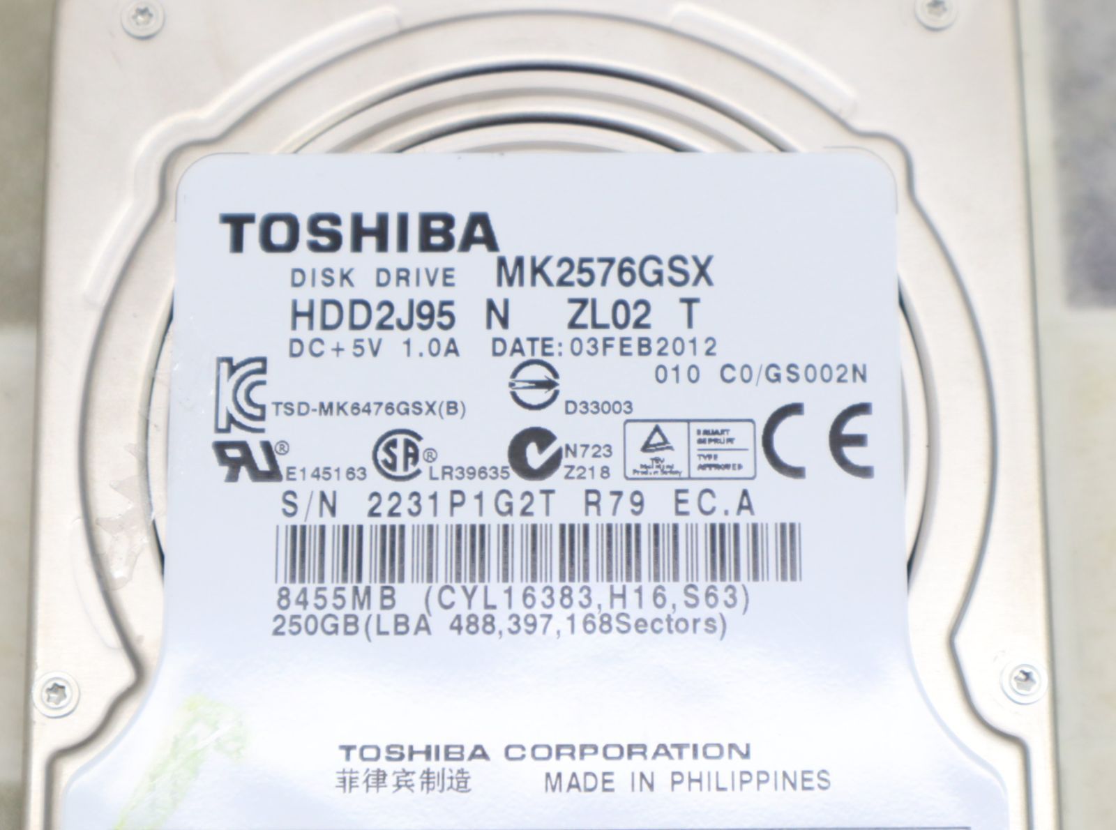 ∠ 250GB｜SATA 内蔵型 2.5インチ ハードディスク｜TOSHIBA 東芝 MK2576GSX 内蔵HDD｜ フォーマット済み □O1200  - メルカリ