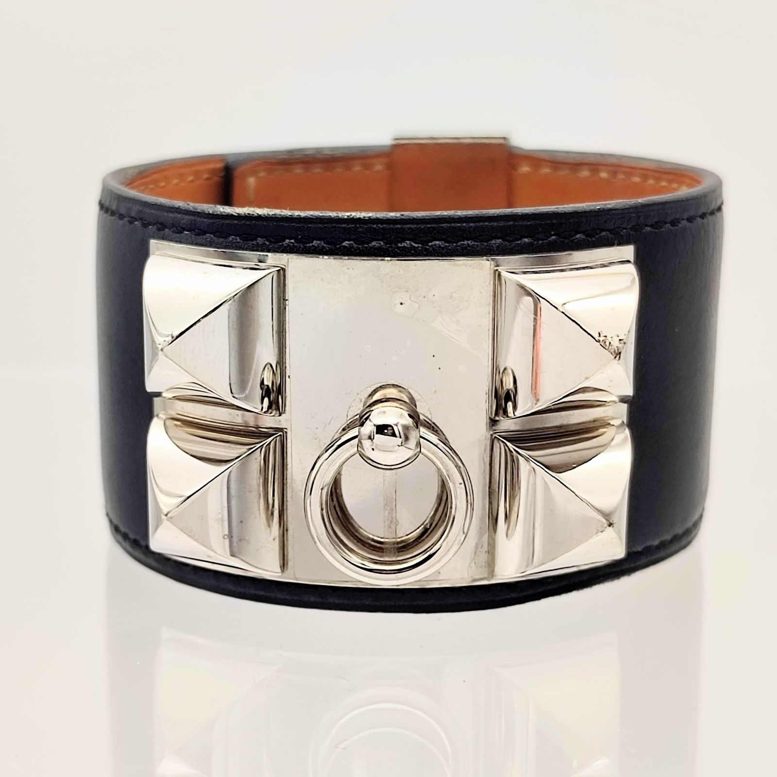 HERMES エルメス コリエドシアン ボックスカーフ レザーバングル ブラック×シルバー L
