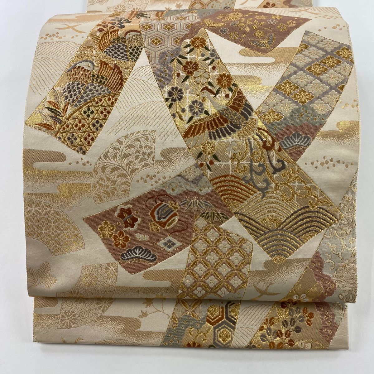 新作 箔 金糸 花鳥 短冊 秀品 袋帯 ベージュ 【中古 正絹 六通 着物・浴衣