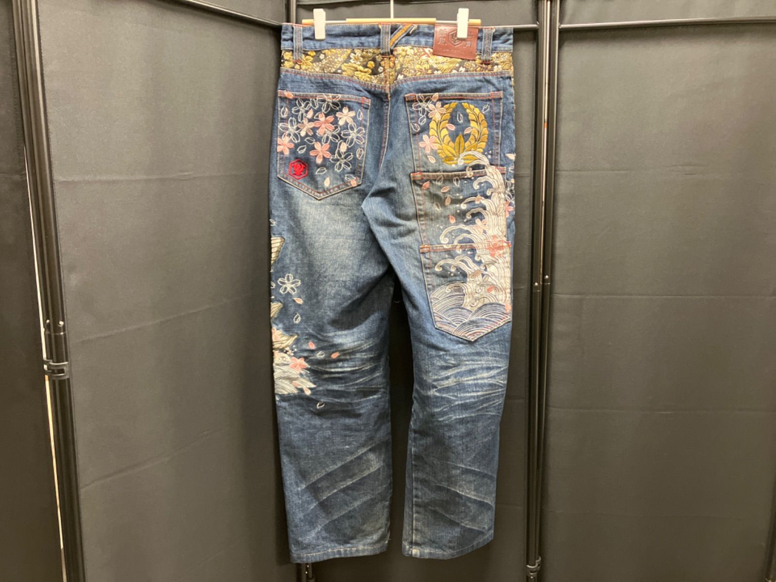 H□華鳥風月 和柄 刺繍入り デニムパンツ ジーンズ【32】MENS□109【
