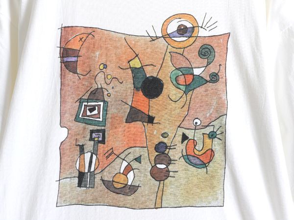 90s ミロ アート イラスト プリント Tシャツ XL 白 シングルステッチ-