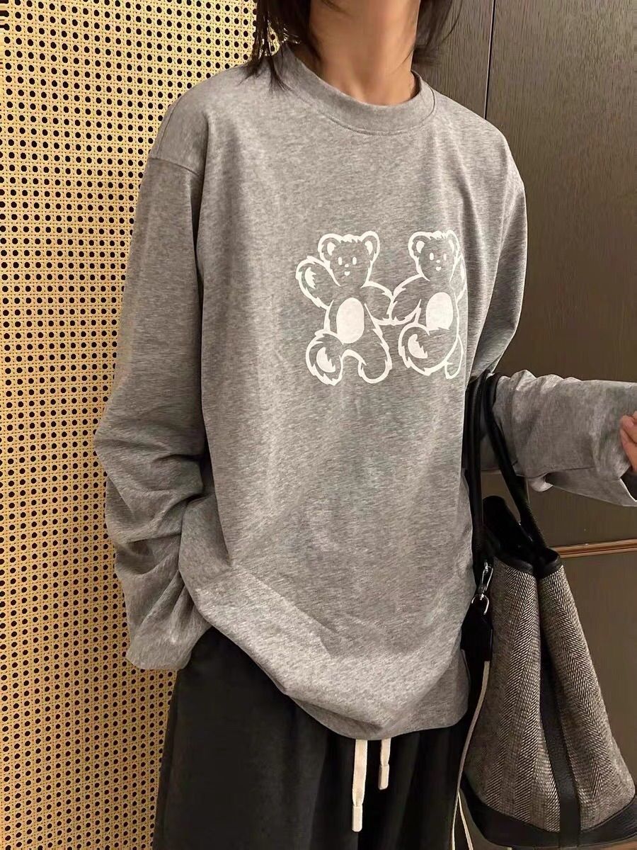 WE11DONE 24SS秋の新オタク保持クマプリントカップル長袖Tシャツ