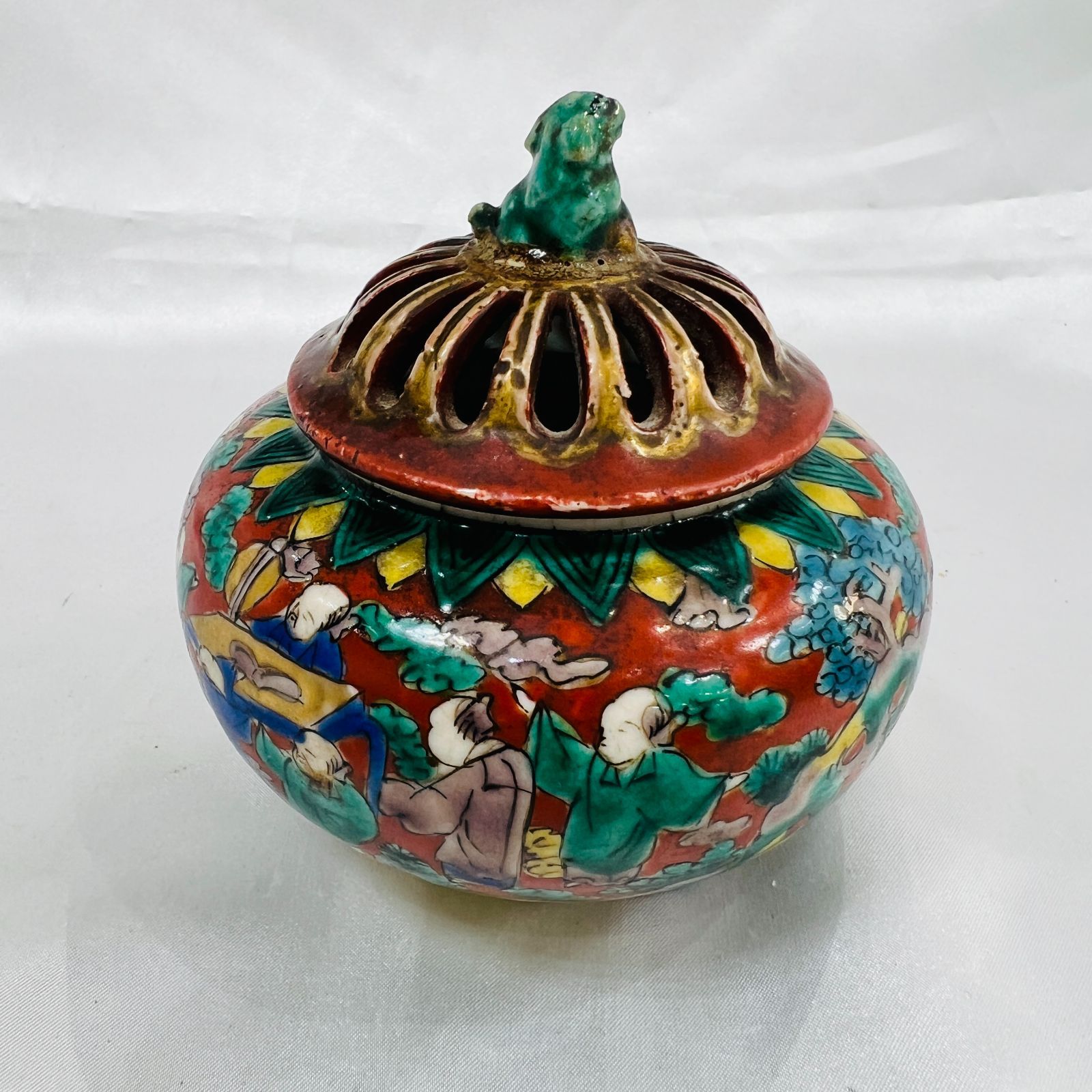 古九谷焼 香炉 アンティーク 吉田屋窯 青九谷 青手 古九谷 九谷焼 香炉 角