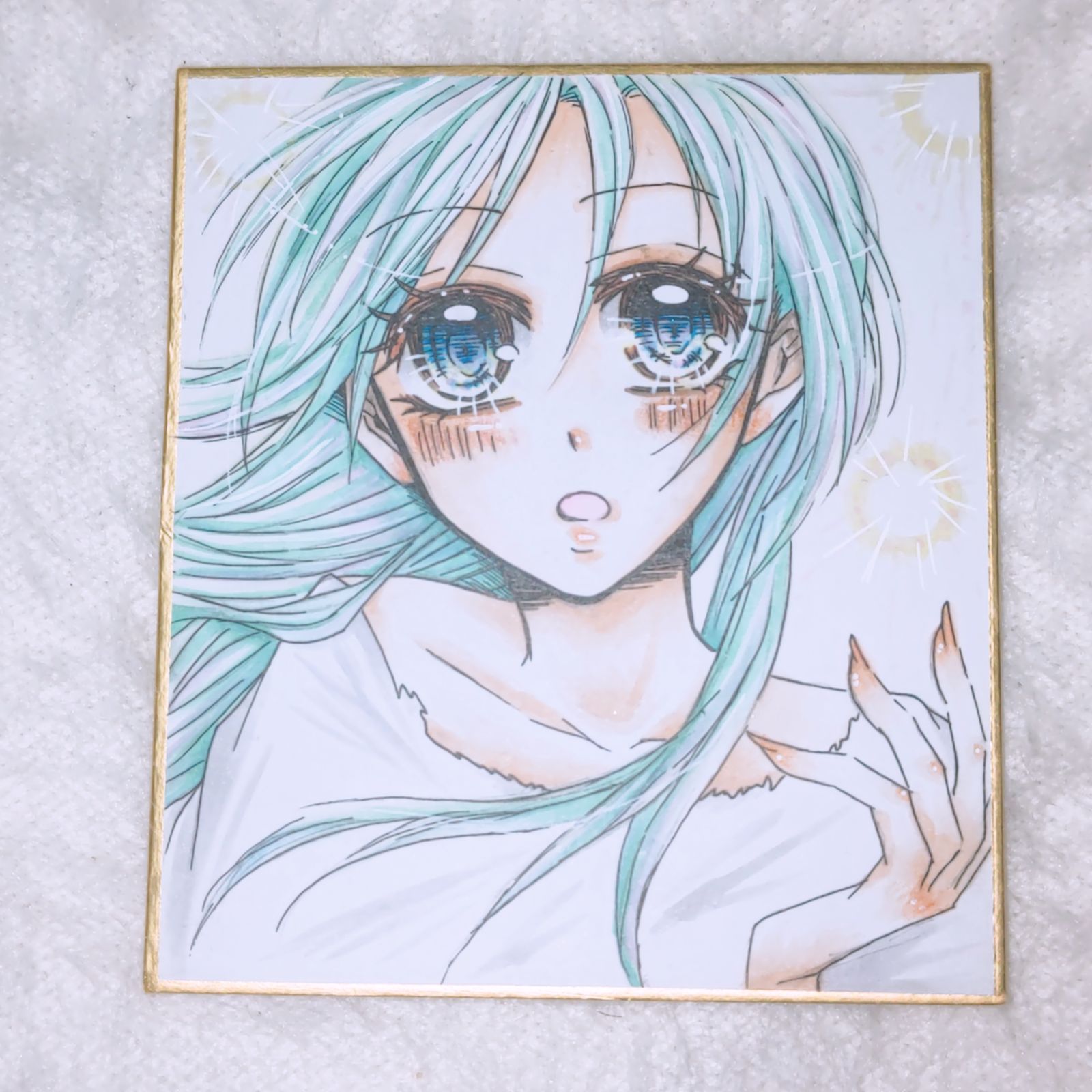 w*m様 手描きイラスト　オリジナルキャラ女の子　アナログ　色紙　２人 手描き イラスト 女の子 オリジナルイラスト スイーツ ケモ耳