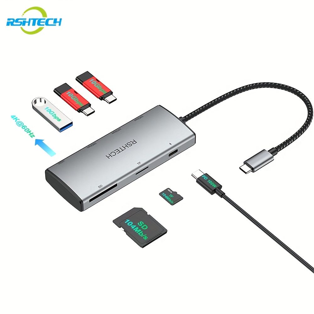 RSHTECH 7-in-1 USB C ラップトップドッキングステーション - 7 ポートハブ、4K@60Hz HDTV、USB 3.2 10Gbps、SD/TFカードリーダー、100W PD給電対応ラップトップ＆PC、編組ケーブル付きポータブル、給電ステ