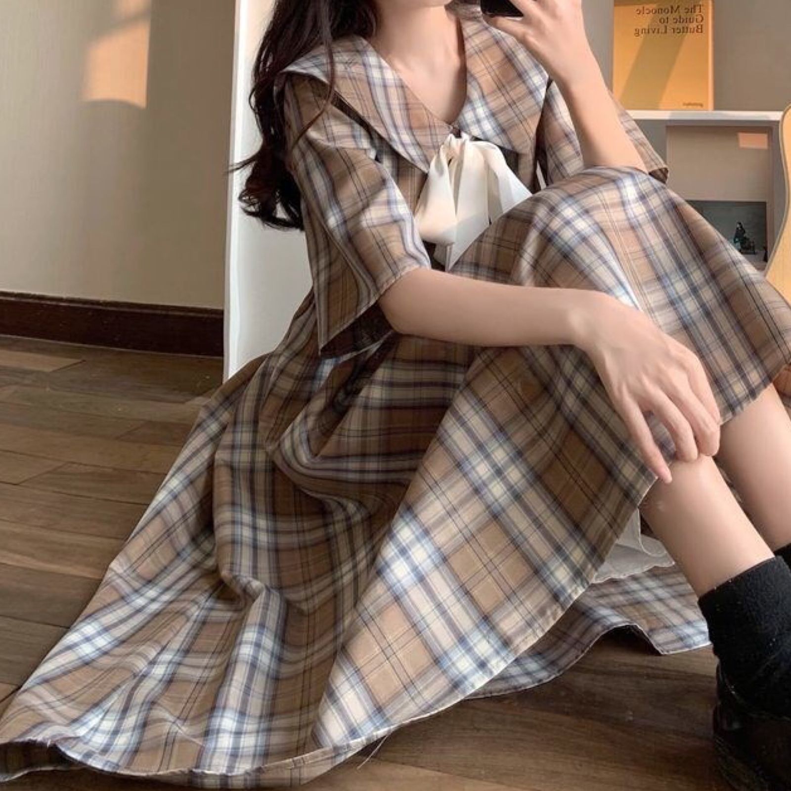 新品】レトロガーリー♡チェック柄セーラーワンピース レディース 韓国