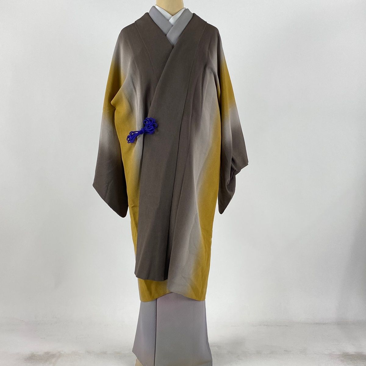 道中着 身丈105cm 裄丈66cm M 和装コート 縦ぼかし 縮緬 茶色 正絹 名品