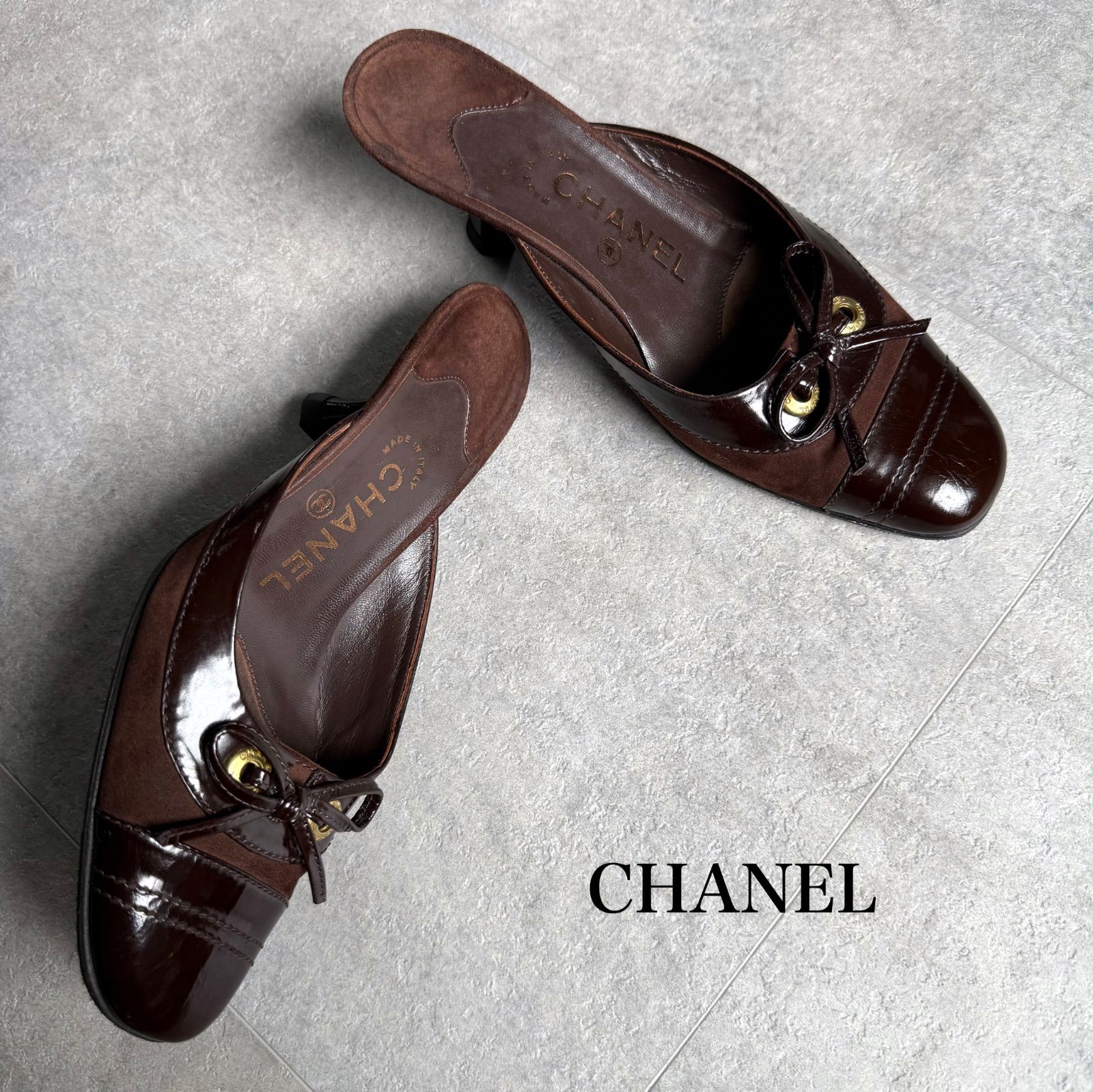 CHANEL シャネル リボンパンプス ミュール ココマーク レザー スエード ブラウン ゴールド金具 36 1|2 23.5cm