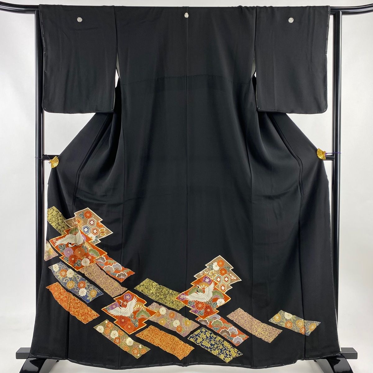 黒留袖 身丈163cm 裄丈64cm M 袷 鶴 松川菱 金糸 相良刺繍 黒 正絹 秀品