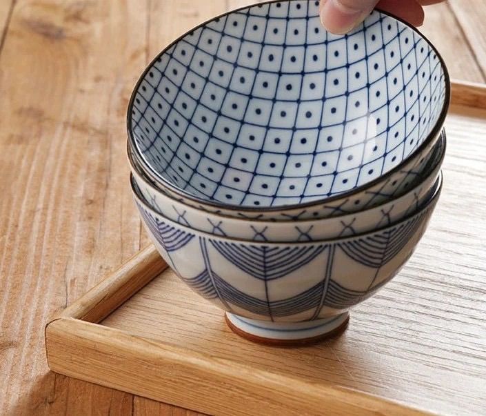 美濃焼 飯碗 5個セット 五客揃 総柄 内絵 外絵 網模様 十草 矢絣
