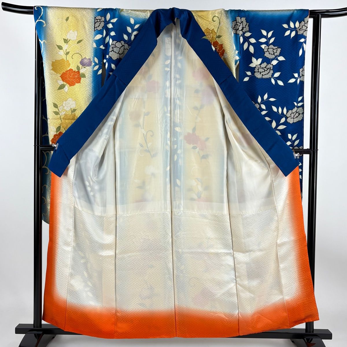 振袖 身丈158cm 裄丈65.5cm M 袷 薔薇 唐草 金糸 金彩 紺色 正絹