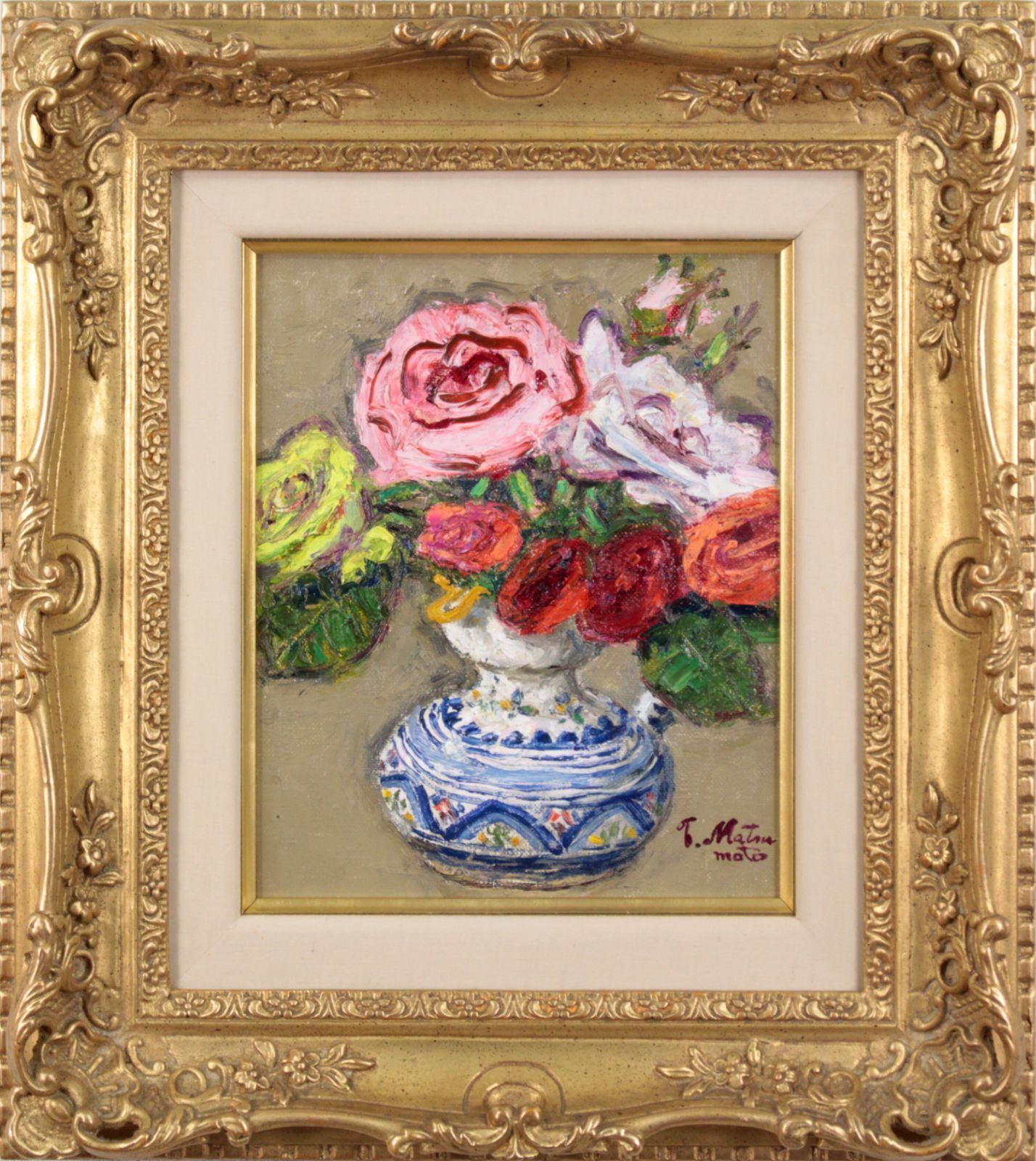 松本富太郎　スペイン壷の薔薇　油絵　油彩画　絵画 松本富太郎『スペイン壷の薔薇』油彩画【真作保証】 絵画 - メルカリ