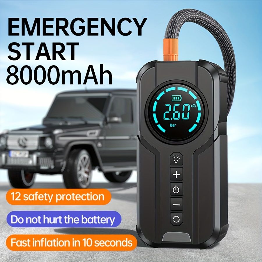 8000mAh 緊急車載ジャンプスターターパワーバンク デジタルディスプレイ付き ポータブルUSB-C充電式エアーコンプレッサー 12の安全保護 10秒で急速膨張 タイヤの膨張と多機能照明用の充電式リチウムポリマーバッテリー