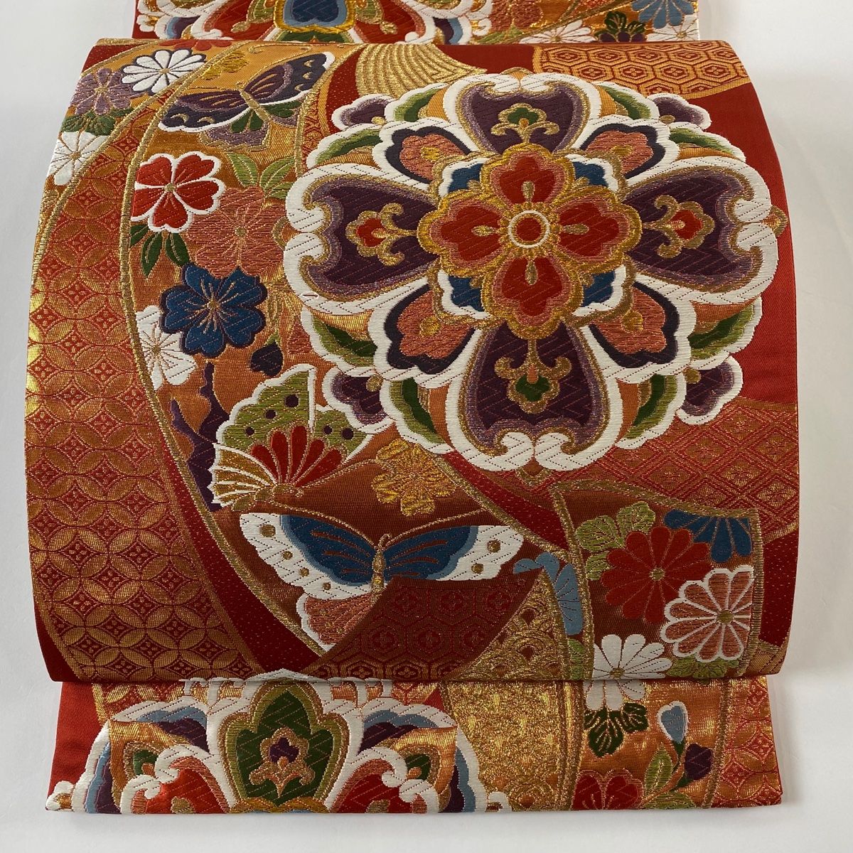 袋帯 美品 秀品 華文 束ね熨斗 金糸 箔 赤 六通 正絹 【中古