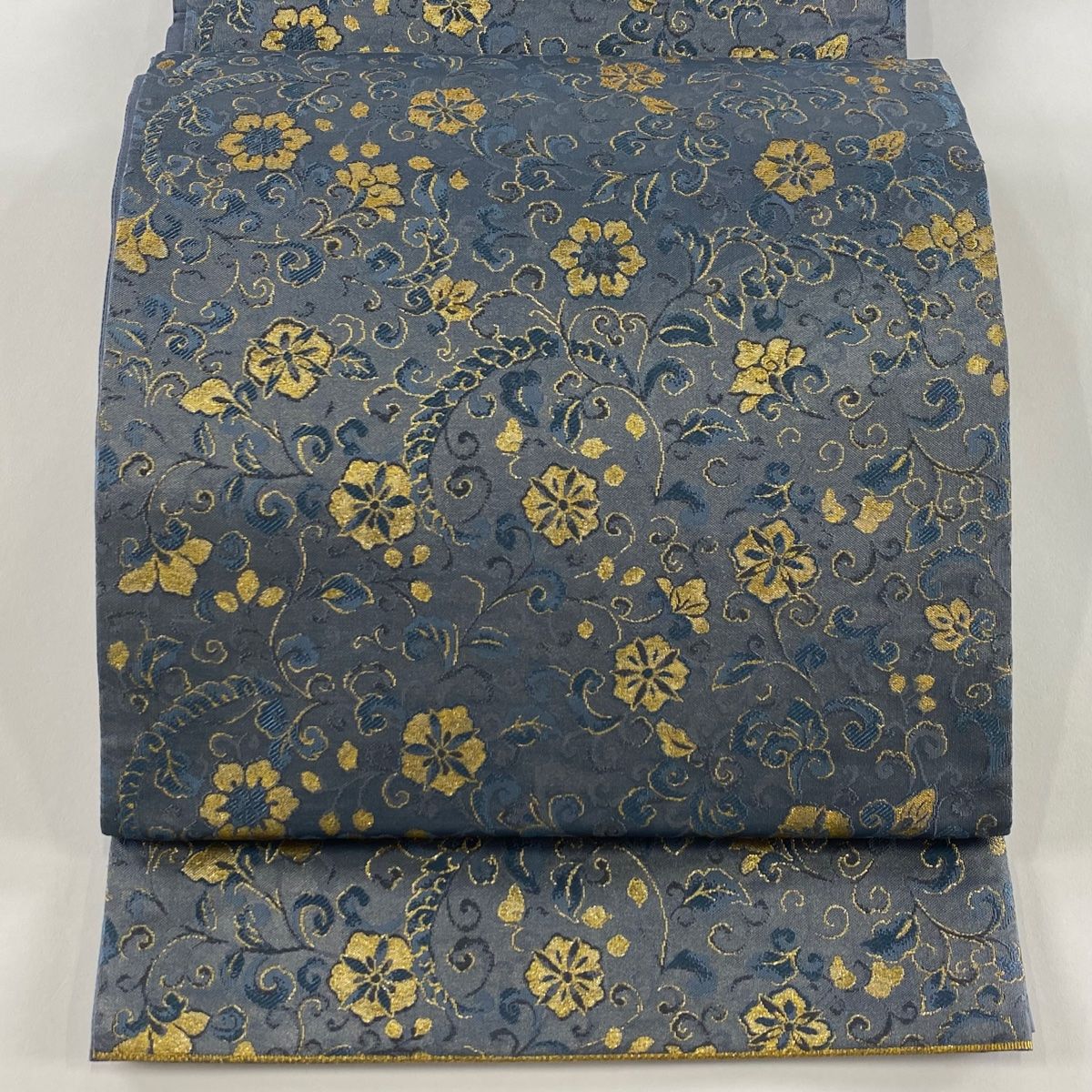 袋帯 秀品 小華唐草文 箔 青 六通 正絹