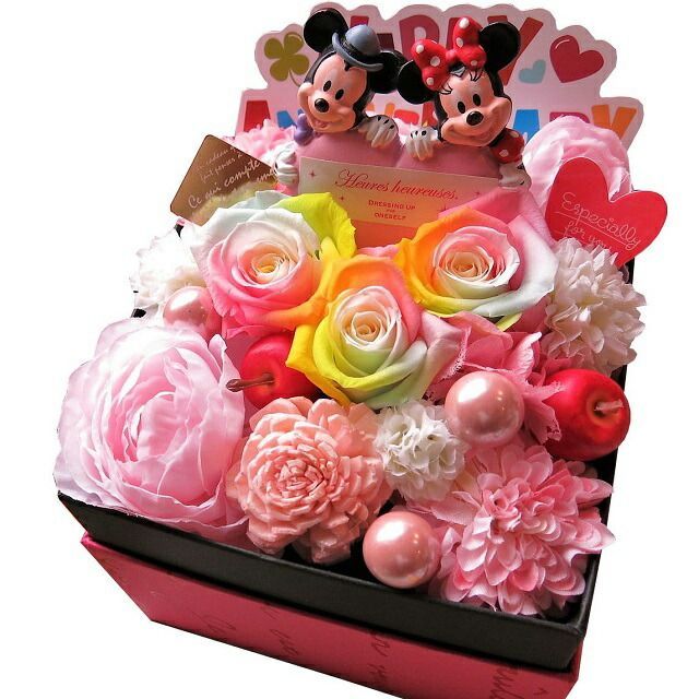 記念日 プレゼント 彼女 ミッキー ミニー ハート入り 花束風 フラワーギフト 箱を開けてサプライズ ボックス レインボーローズ プリザーブドフラワー入り