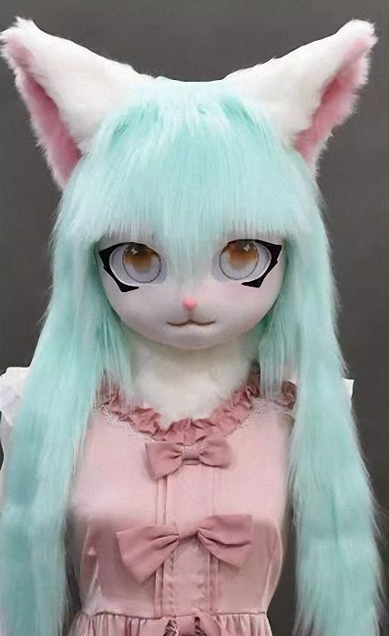 着ぐるみヘッド 猫 白と白緑 全頭ヘッド ケモノ マスク ファー