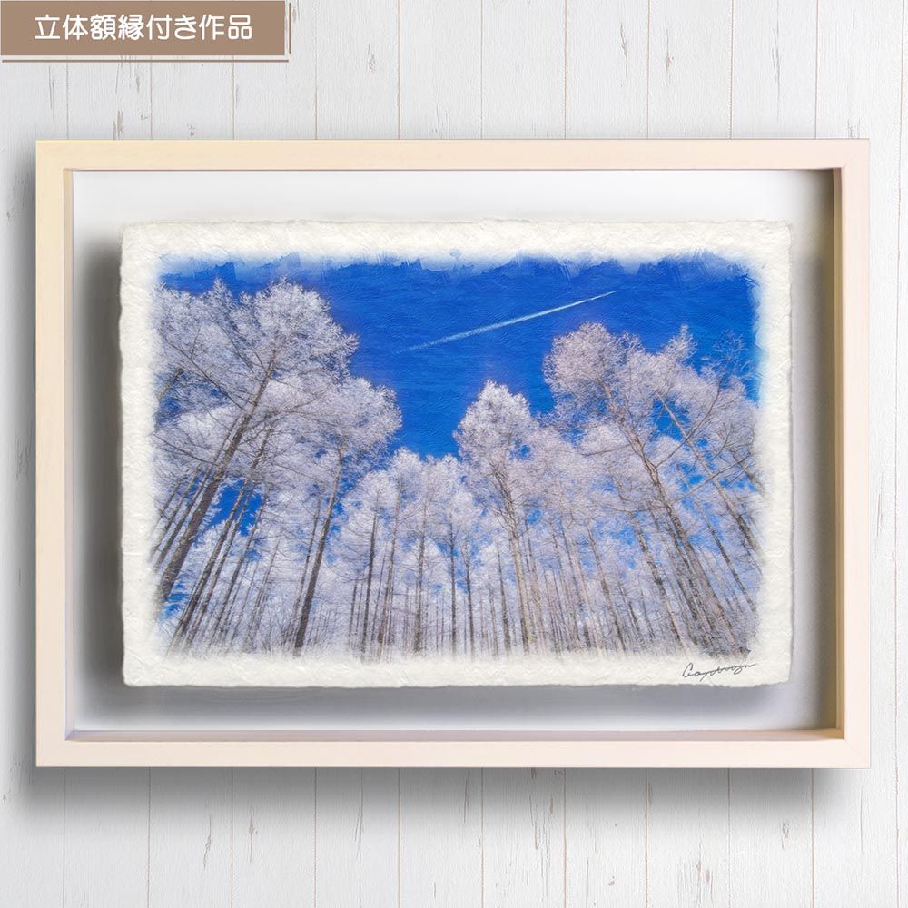 和紙の絵写真 「飛行機雲と見上げるカラマツの樹氷」 立体額縁付き