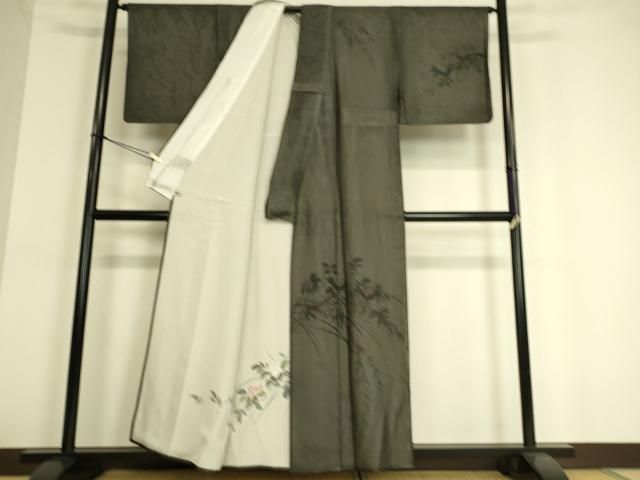 平和屋着物▽訪問着 無双 紗袷 紗×絽 草花文 手描き 黒地 正絹 逸品