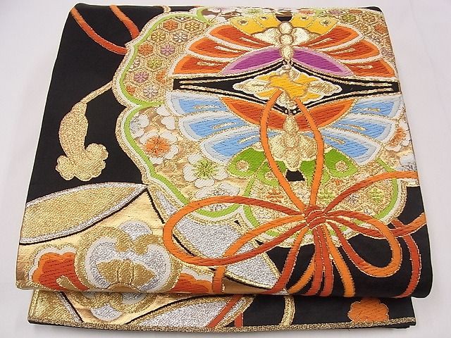 平和屋1◎六通柄袋帯 唐織 双蝶吉祥花文 黒地 金銀糸 逸品 CAAC6393eg - メルカリ