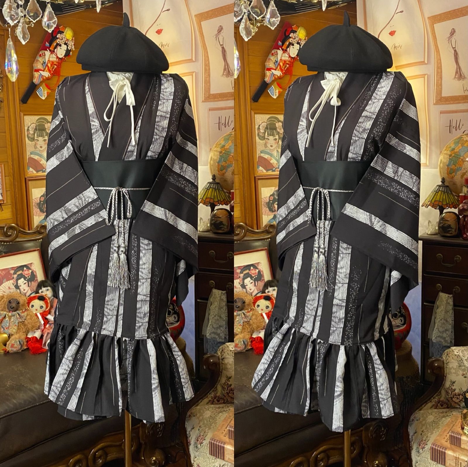 単衣着物 2way ガウン 羽織り ドレス ワンピース ハンドメイド 和洋折衷 洗える 化繊 リメイク 帯サッシュベルト レトロ 古着 墨黒×モノトーン縦縞 KD-68 USTAUSTRALIA_COM_AU