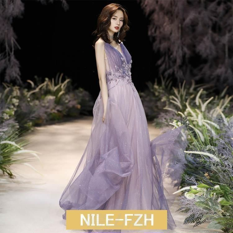 イブニングドレス パープル ロングドレス 発表会ドレス キャミドレス ウエスト花柄 キレイめ Vネック ノースリーブ 演奏会ドレス チュール WP数量 価格926