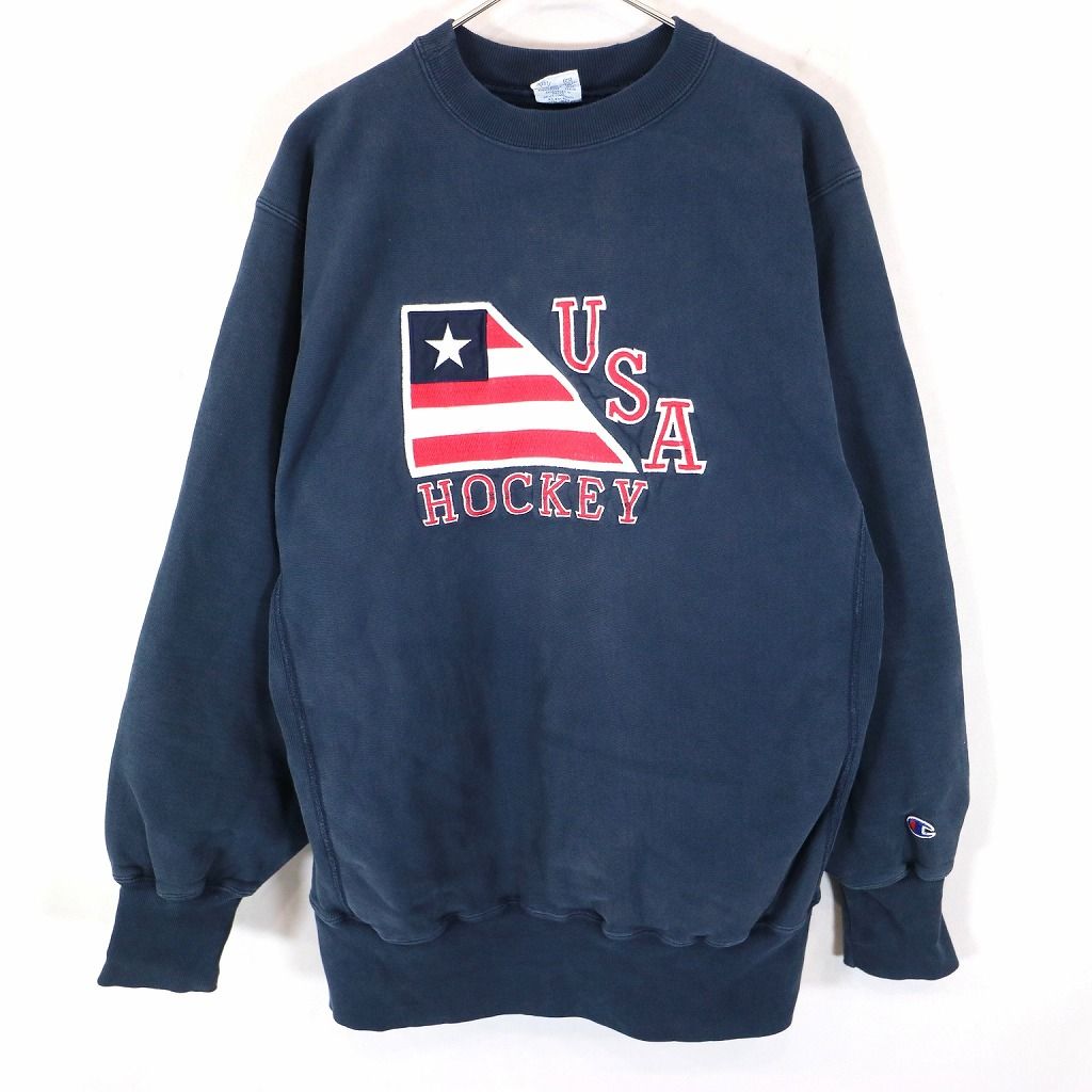 90年代 Champion チャンピオン 刺タグ リバースウィーブ USA HOCKEY スウェット 大きいサイズ ネイビー(メンズ X-LARGE)  O1438 中古 古着