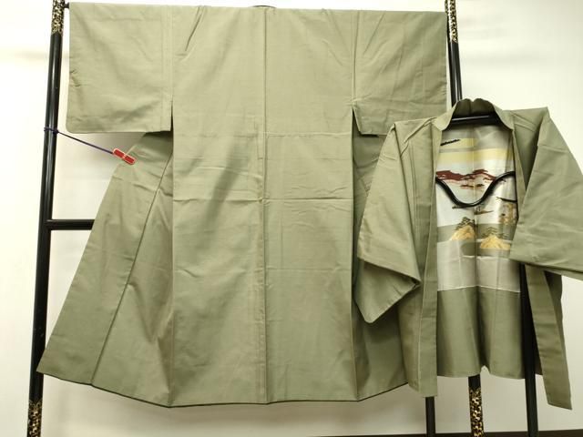 平和屋着物●男性 紬 アンサンブル 山葵色 正絹 DAAS2229tw
