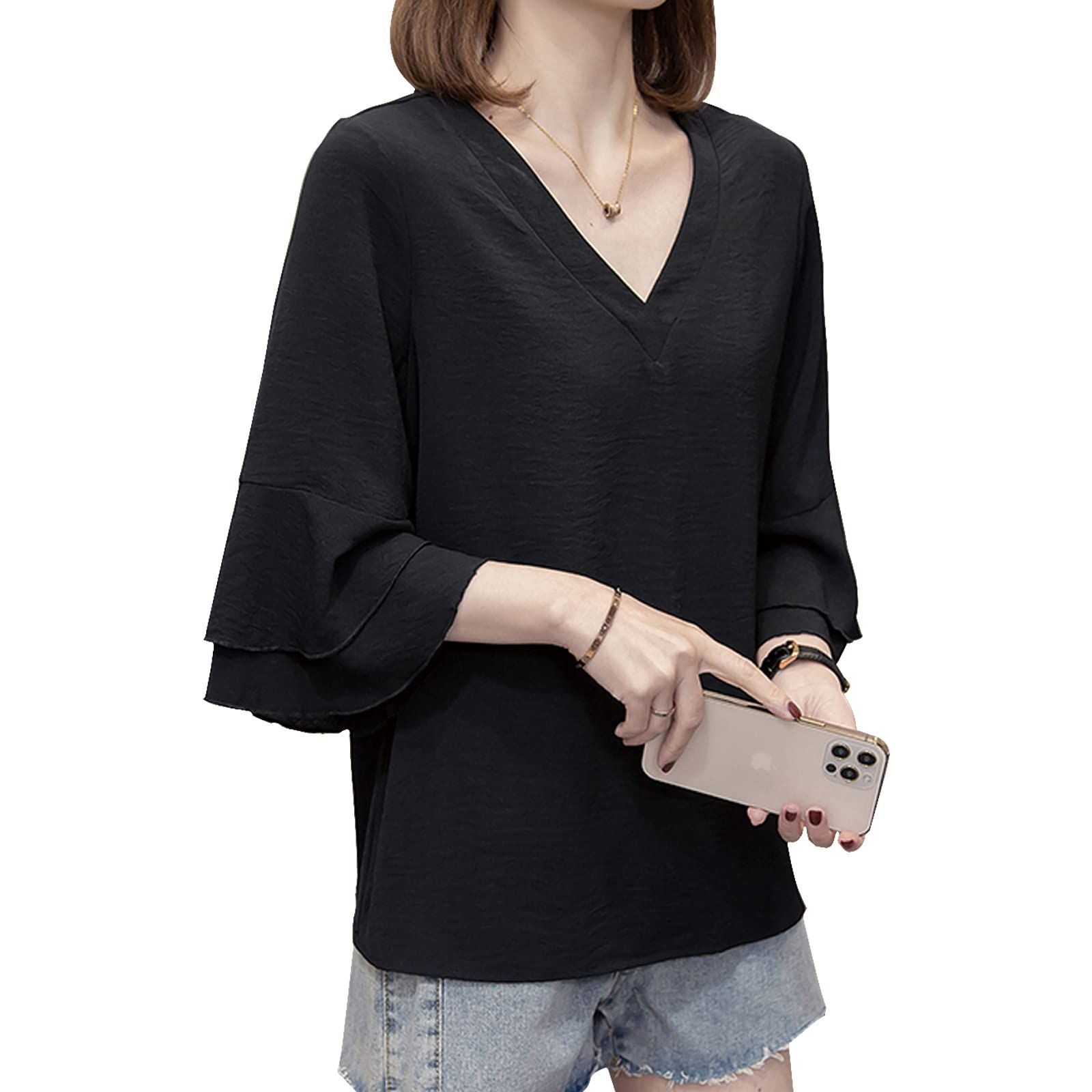 【在庫セール】トップス 七分袖 レディース シフォン フレアスリーブ vネック ブラウス 無地 二の腕カバー ファッション きれいめ XTRA] 可愛い 女性らしい 通勤 [MEME オフィス 春 夏