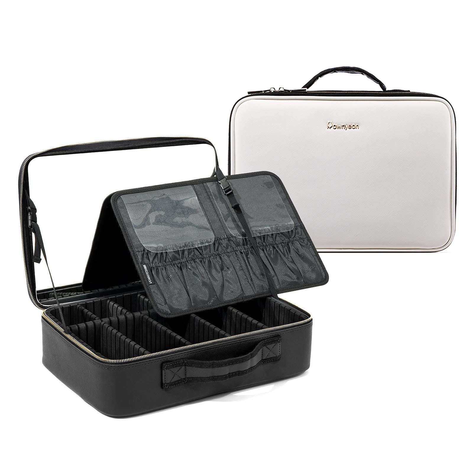 Mサイズ (x 1)_黒白 ROWNYEON メイクボックス プロ仕様 取り外しミラー付き メイクブラシバッグ コスメ ボックス 化粧品収納バッグ コスメバッグ ドレッサー ボックス 化粧箱 ネイル収納バッグ 仕切り 大容量 自由調整できる 機能的 小物入れ